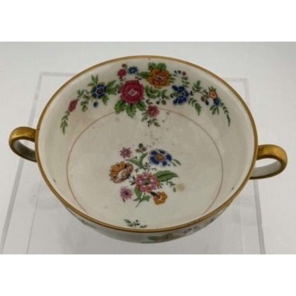 Vintage Limoges Soup Cup Floral Two Handle Gold Trim